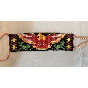 Vintage Mexican Beaded Huichol Cuff Bracelet Multicolor Eagle & Deer Handmade 6”